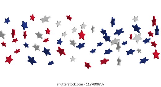 4th of July. Abstract background of falling red, blue, white stars in the colors of the United States, the patriotic stars of America confetti. USA banner background. Vector illustration