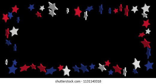 4th of July. Abstract background of falling red, blue, white stars in the colors of the United States, the patriotic stars of America confetti. USA banner background. Vector illustration