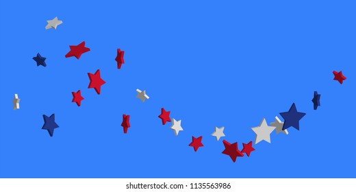 4th of July. Abstract background of falling red, blue, white stars in the colors of the United States, the patriotic stars of America confetti. USA banner background. Vector illustration