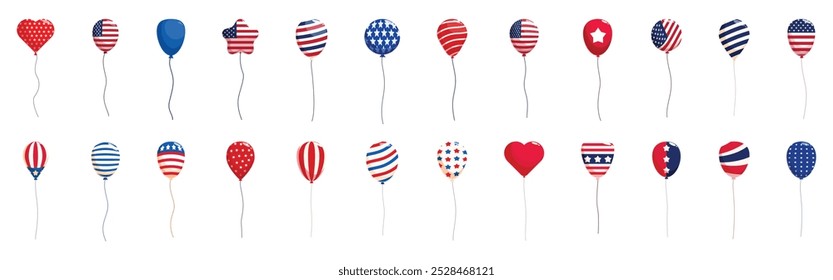 4th july air balloon icons set. Set of various patriotic balloons featuring stars and stripes design elements