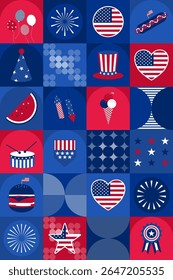 4th July America bauhaus. Celebration for Independance day of America. Red, blue and white for USA flag. Background, balloon, confetti, festival, event, firework, fourth, freedom, happy,memorial,star 