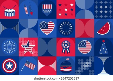 4th July America bauhaus. Celebration for Independance day of America. Red, blue and white for USA flag. Background, balloon, confetti, festival, event, firework, fourth, freedom, happy,memorial,star 