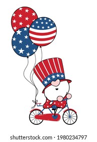 4th of July America Gnome Patriotic on bicycle with balloons, cartoon doodle outline flat vector illustration.