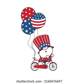 
4th of July America Gnome Patriotic on bicycle with balloons cartoon