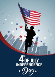 4th Of July America Independence Day. American Soldier Running With Flag. Vector Illustration Design