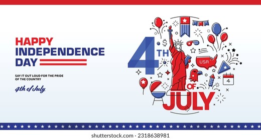 4th of July America independence day banner background template with USA element icons, the Statue of Liberty, map, barbecue, firework, etc, Vector illustration. 
