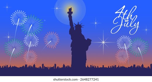 4th of July, America independence day, Flat design with Statue of Liberty silhouette, fireworks and skyline. for web banners, event promos; festive, patriotic mood.
