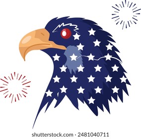 4th of July American Bald Eagle decorated blue stars concept,  national bird of the United States vector color design, US Independence Day Sign, USA federal holiday symbol, Patriot Day illustration