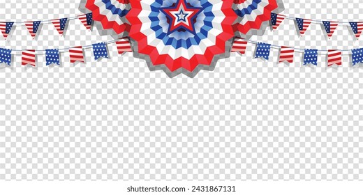 4th of July American banner template with paper decorations. Flat lay, top view, copy space, banner.