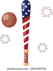 4th of July American Baseball and fireworks concept, bat-and-ball sport played on fourth vector color icon design, US symbol, USA federal holiday sign, Memorial Patriot Day illustration