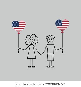 4th of July, american children, love USA sketch, girl and boy with a heart shaped balloons, black line vector illustration