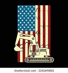4th of July American Flag Construction Backhoe Excavator