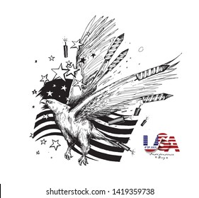 4th of July - American Flag with eagel Independence Day, Hand Drawn Sketch Vector illustration.