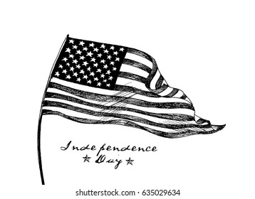 4th Of July - American Flag Independence Day, Hand Drawn Sketch Vector Illustration.