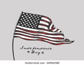 4th Of July - American Flag Independence Day, Hand Drawn Sketch Vector Illustration.