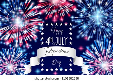 4th of July, American Independence Day celebration Flyer, Banner, Template or Invitation design with National Flag and Sparkling Fireworks.