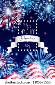 4th of July, American Independence Day celebration Flyer, Banner, Template or Invitation design with National Flag and Sparkling Fireworks.