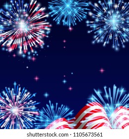 4th of July, American Independence Day celebration Flyer, Banner, Template or Invitation design with National Flag and Sparkling Fireworks.