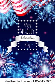 4th of July, American Independence Day celebration Flyer, Banner, Template or Invitation design with National Flag and Sparkling Fireworks.