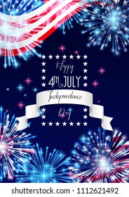 4th of July, American Independence Day celebration Flyer, Banner, Template or Invitation design with National Flag and Sparkling Fireworks.