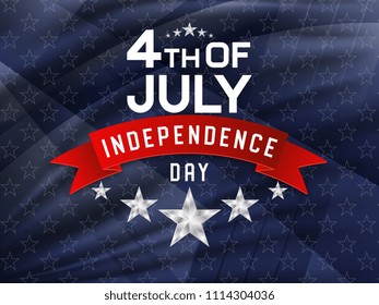 4th of July, american independence day celebration background with silver stars and red ribbon. Vector illustration.