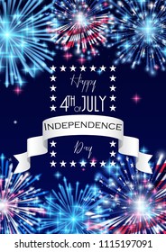 4th of July, American Independence Day celebration Flyer, Banner, Template or Invitation design with National Flag and Sparkling Fireworks.