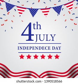 4th july american independence day flyer template with flag with confetti and white background. Poster, banner, greeting card.