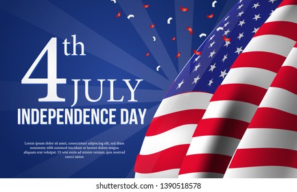 4th july american independence day flyer template with flag and blue background with confetti party. Poster, banner, greeting card.