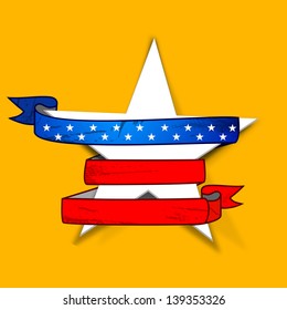 4th of July, American Independence Day concept .Star wrapped up with national flag colors ribbon on yellow background.