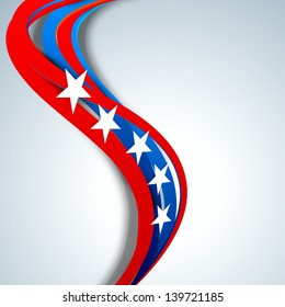 4th of July, American Independence Day concept with wave in national flag colors and stars on grey background.