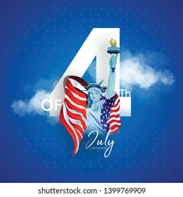 4th july american independence day flyer, with wave flag , statue of liberty background and confetti. poster, banner, greeting card