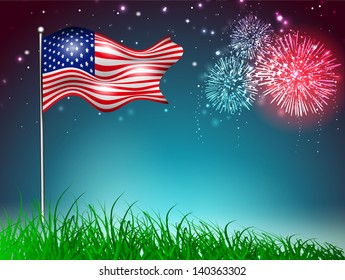 4th July, American Independence Day celebration background with waving flag and fire crackers.