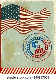 4th of July, American Independence Day background with national flag waving and grungy rubber stamp with text 4th of July.
