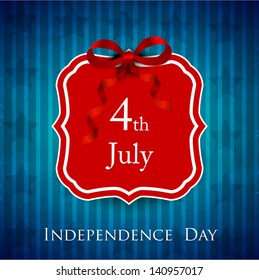 4th of July, American Independence Day sticker, label or tag with ribbon on blue background.