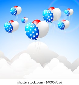 4th of July, American Independence Day background with balloons in national flag color flying in the sky.