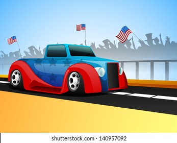 4th of July, American Independence Day background with transportation truck in national flag color.
