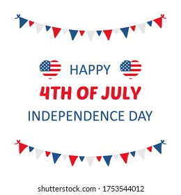 4th of july, american independence day vector illustration, card with heart-shaped flags and garlands.