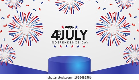 4th july american independence day with colorful red, blue, white firework with podium pedestal product display for promotion poster banner template