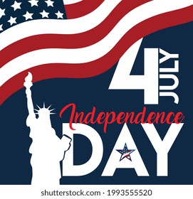 4th july american independence day flyer, with wave flag , statue of liberty background and confetti. poster, banner, greeting card