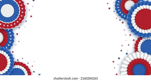 4th of July American Independence Day. Happy Independence Day. Red, blue and white star confetti, paper decorations on white background. Flat lay, top view, copy space, banner