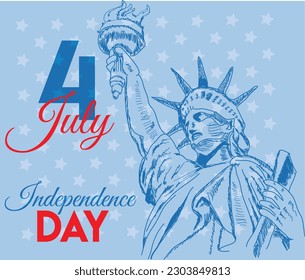 4th july american independence day flyer, with wave flag , statue of liberty background and confetti. poster, banner, greeting card