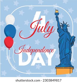 4th july american independence day flyer, with wave flag , statue of liberty background and confetti. poster, banner, greeting card
