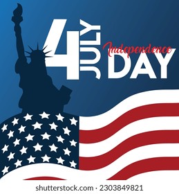 4th july american independence day flyer, with wave flag , statue of liberty background and confetti. poster, banner, greeting card