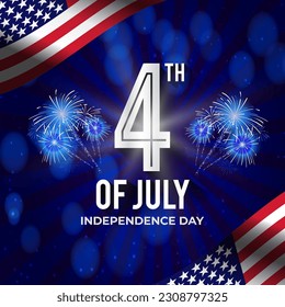 4th of july american independence day background banner with fireworks and abstract gradient blue design