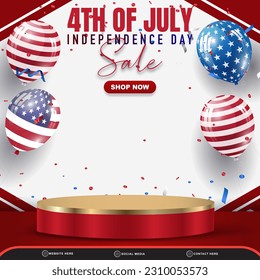 4th of july american independence day sale square banner with 3d podium for sale and abstract gradient red and white background design