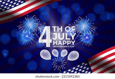 4th of july american independence day banner with shiny fireworks and abstract gradient blue background design