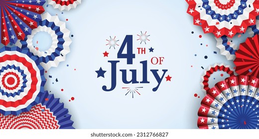 4th of July American independence day greeting, with red blue, and white confetti, and vector paper decoration. Vector illustration.