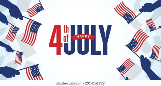 4th of July American independence day background template with diverse group of patriots hand waving small American Flag.