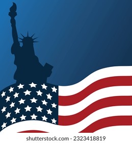 4th july american independence day flyer, with wave flag , statue of liberty background and confetti. poster, banner, greeting card