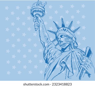 4th july american independence day flyer, with wave flag , statue of liberty background and confetti. poster, banner, greeting card